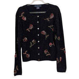 Eagles Eye Floral Applique Cardigan Womens Size Large Black Button Front Sweater